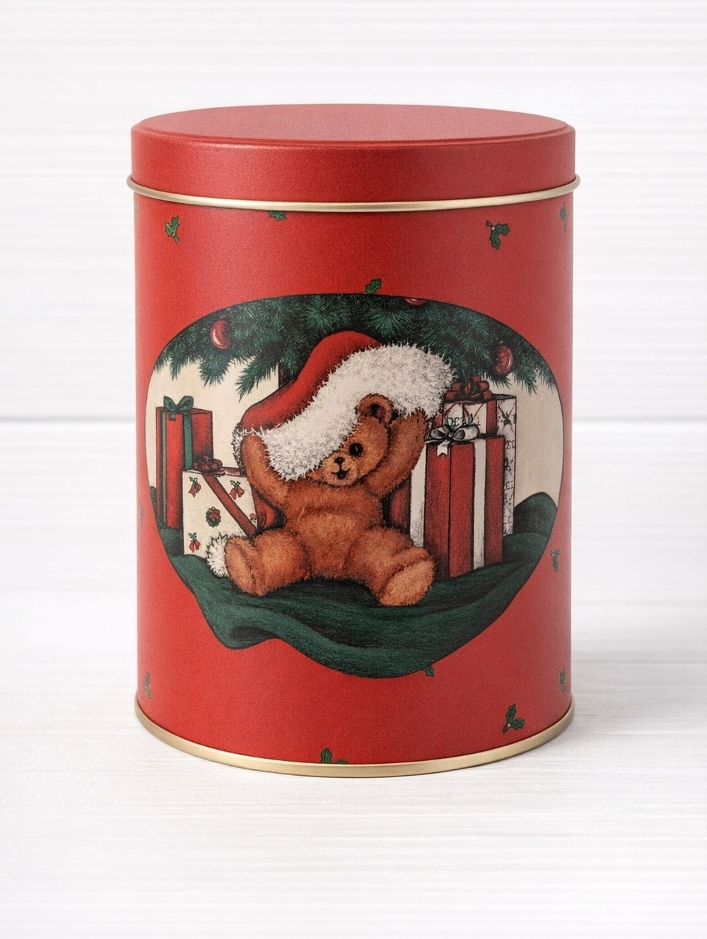 1980s Red Holiday Teddy Bear Tin Canister